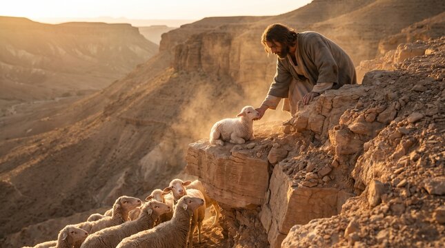 Jesus Christ as Good Shepherd reaching hand down on desert rocky ledge to rescue a small lost lamb, biblical parable photo.