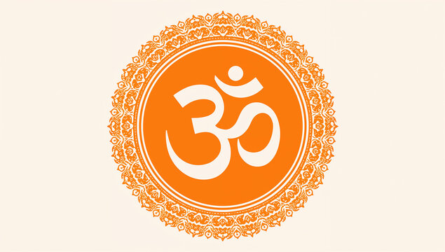 Om symbol in orange circular ornamental frame with meditation spiritual spirituality religion hinduism buddhism meditative wellness circular ornamental decorative illustration consciousnes