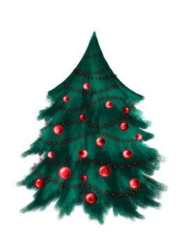 Hand painted watercolor Christmas tree decorated with red baubles and a garland string, perfect for holiday cards and festive nursery wall art. Commercial use illustration.