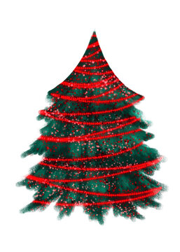 Glittery watercolor Christmas tree wrapped in glowing red string lights and sparkle, perfect for festive holiday cards and magical nursery wall art. Commercial use illustration.