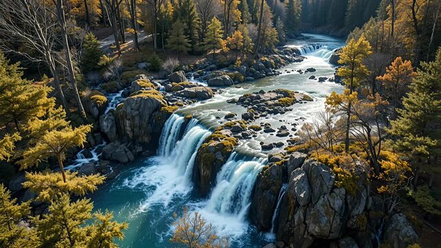 waterfall in autumn forest along turquoise river and rocky canyon