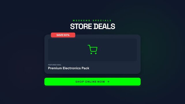Dynamic store deals animation with glowing neon text and shopping cart icon, featuring weekend specials and a call to action button, symbolizing e-commerce and online shopping opportunities