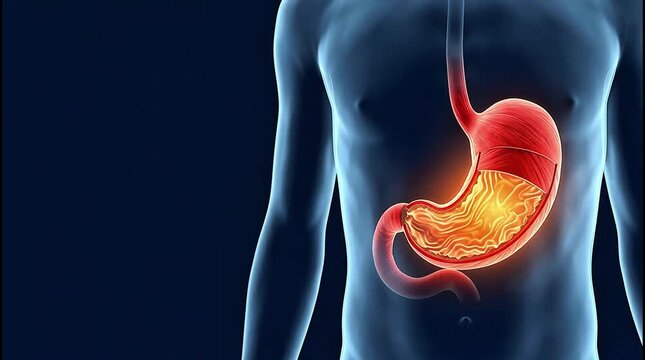 3D Medical Animation of Glowing Red Human Stomach Anatomy on Dark Blue Background
