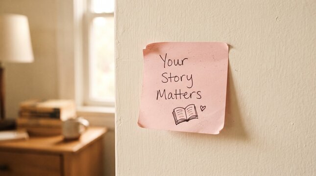 Pink sticky note with Your Story Matters text stuck to wall near window