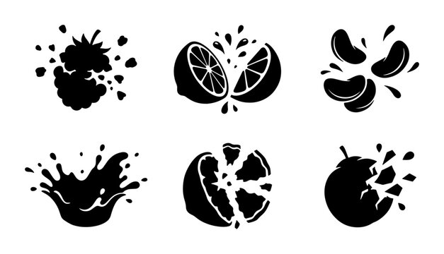 Black Fruit Splashes, Citrus Slices, Berry Burst, Food Icons Set, Vector Graphics