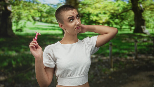 Woman holding pink razor, hand to head in forest with shaved head and white croptop, glance off camera; uncertainty.