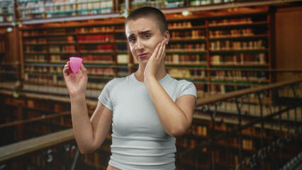 Fototapeta premium Young woman with buzzcut holds a pink menstrual cup in one hand and presses cheek with the other in visible pain inside a library building; period discomfort privacy.