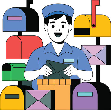 Mailman Character Delivering Letters with Multiple Mailboxes in a Halftone Style. Postal Service Concept Illustration.