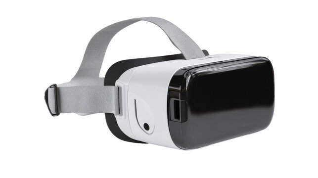 Modern white virtual reality headset with adjustable gray strap and sleek black glossy visor, wireless VR gaming device on white background