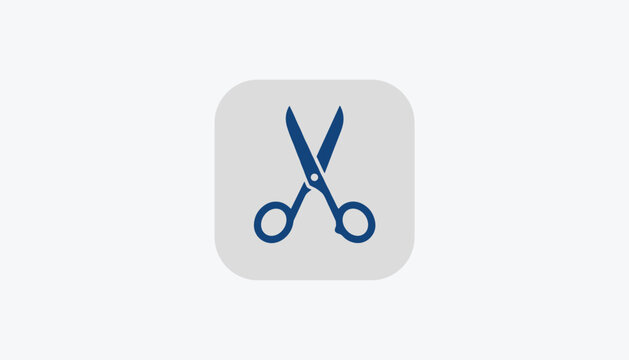 Dark blue scissors icon centered on a rounded grey square button, representing cutting, editing, and crafting tool concepts.