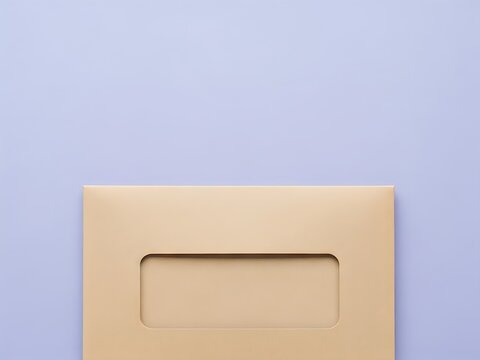 Beige envelope with window cutout on soft purple background for mail and correspondence