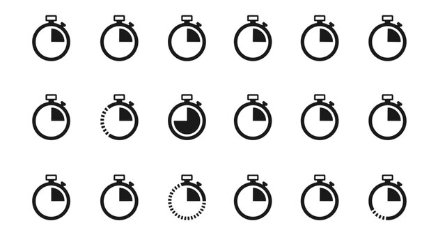 Stopwatch icons displaying a fifteen minute interval in various minimalist black vector designs isolated on white.