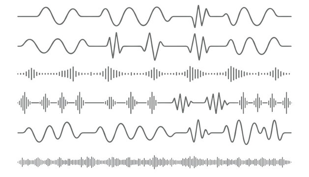 Audio waveforms showing diverse sound frequency lines and digital signal patterns isolated against a white background.
