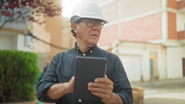 Man architect in hardhat holding tablet and looking up at building under inspection; concentration planning.