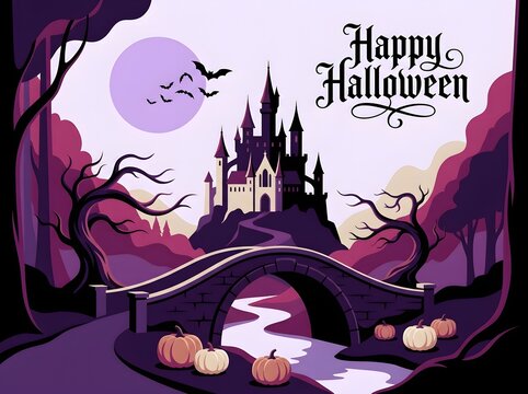 Happy Halloween illustration with spooky castle bats and pumpkins in a purple landscape