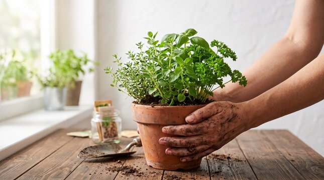 Gardener hands holding terracotta pot with fresh green herbs basil and parsley on rustic wooden table near window, indoor gardening hobby representing nature growth sustainability