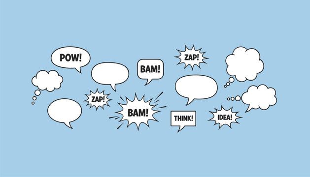 Comic speech bubbles and cartoon talk clouds with active action words like bam and zap on a light blue background.