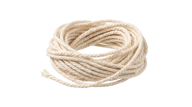 A neatly coiled roll of natural pale beige cotton twine, highlighting its soft woven fibrous texture and rustic handmade charm, ideal for eco-friendly packaging, floristry, or traditional crafting.