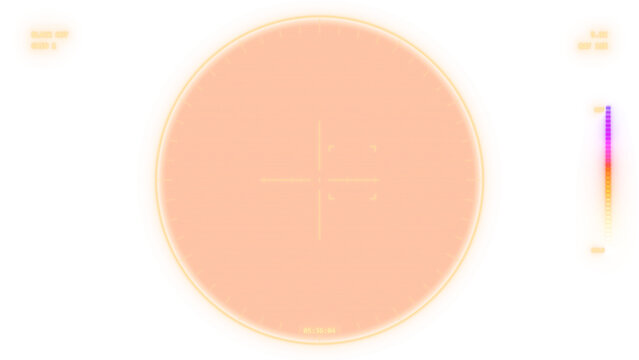 Night vision viewfinder overlay, wide angle optics in thermal orange, optical sight with scan lines and centre crosshair on transparent background