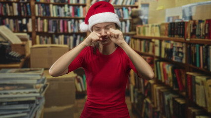 Naklejka premium Woman in red shirt and santa hat pinches her cheeks with both hands while standing among bookshelves in a building; tired holiday humor.