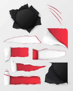 A versatile collection of realistic torn paper strips and ripped edge textures in red, black, and white, perfect for bold posters, grunge designs, collages, and creative backgrounds.