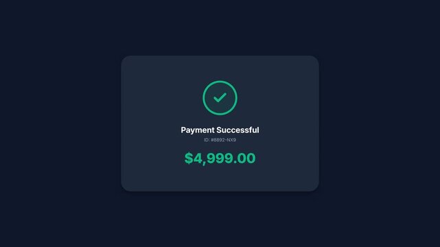 Payment successful, green checkmark, $4,999.00 on dark background, symbolizing secure online transaction, representing finance and business.