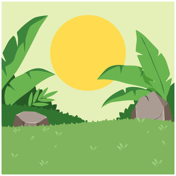 A vibrant tropical landscape illustration featuring lush green foliage, rocky elements, soft grass, and a bright golden sun.