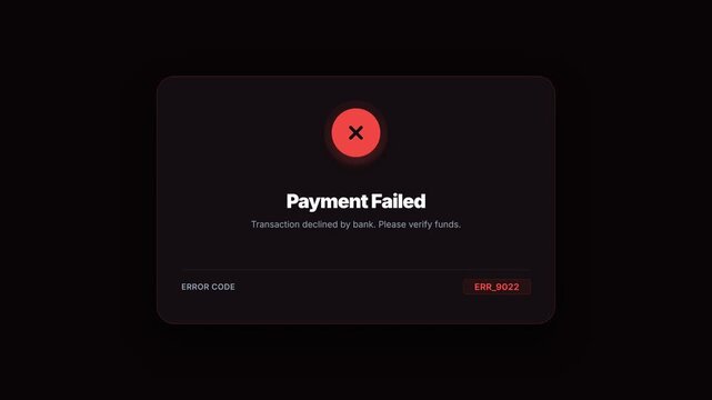 Payment processing error sequence, dynamic transaction failure animation with payment failed messages and error codes on black background, symbolizing online payment issues, transaction errors