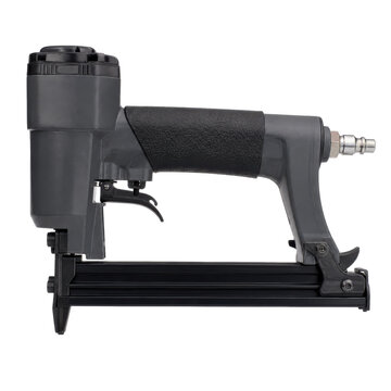 Professional gray and black pneumatic nail gun, a powerful air-powered tool, is captured in a clean studio shot against a pure white background