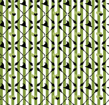 Whimsical Halloween pattern with witch hats and brooms on striped green background