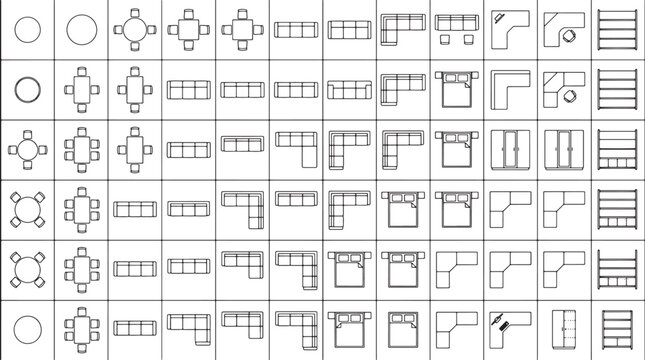 Set of furniture floor plan symbols for interior design and architectural drafting in a vector style