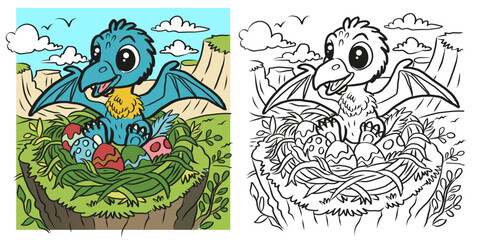 Cute baby pterodactyl sitting in a nest with eggs, shown as a colored example and black and white coloring page. Printable kids activity, part of a large prehistoric animals coloring collection. © Anna SV