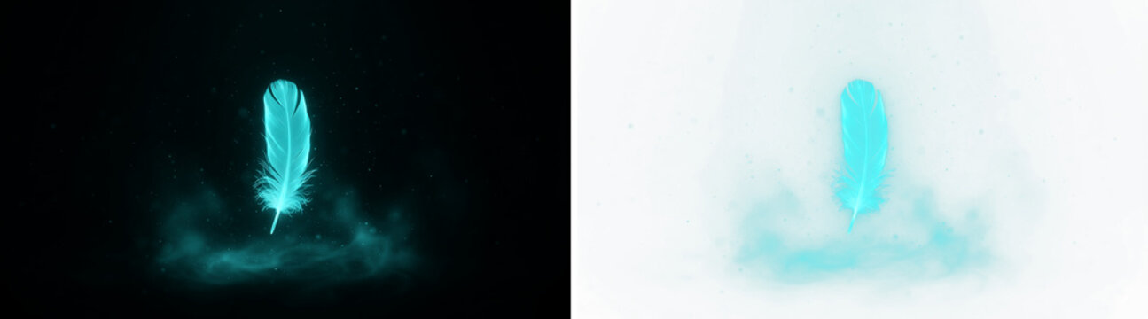 Glowing turquoise feather with ethereal smoke, magical cyan plume on black and white backgrounds, mystical bird feather design