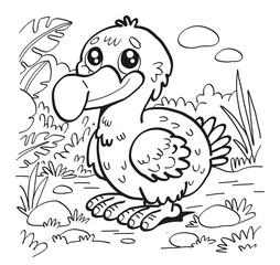 Adorable dodo bird printable for children, created as a simple black and white coloring sheet for preschool learning, creative practice and activity books. Part of a large kids animal coloring collect © Anna SV