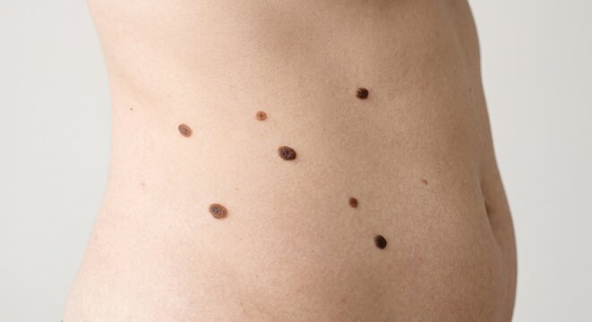 Multiple pigmented seborrheic keratosis lesions and nevus moles on female torso skin