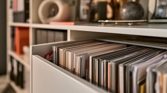 Organized collection of vinyl records in a drawer.