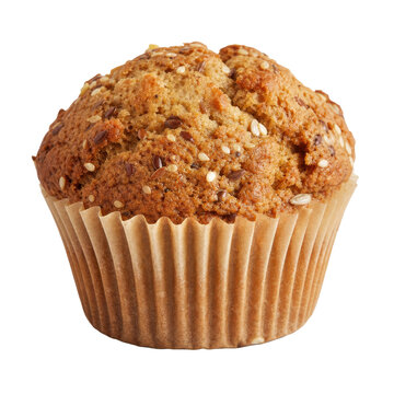 Delicious golden brown muffin with various seeds on top, baked in a paper cup, isolated on a clean white background