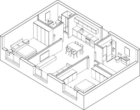 Isometric floor plan of a modern apartment with two bedrooms and an open living area layout