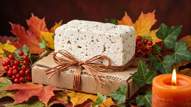Artisanal tofu block with autumn foliage and a lit candle creating a warm fall harvest aesthetic