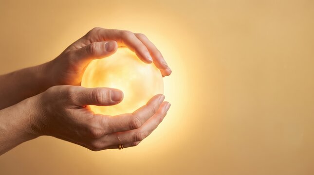 Human hands gently holding a glowing sphere of light, warm golden, spiritual energy, magic power visualization, creative idea representation, hope and inspiration symbol