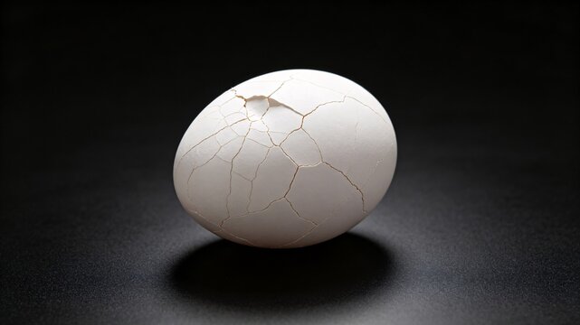 Cracked white eggshell on dark surface
