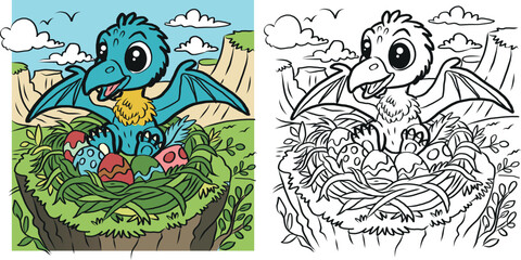 Cute baby pterodactyl sitting in a nest with eggs, shown as a colored example and black and white coloring page. Printable kids activity, part of a large prehistoric animals coloring collection. © Anna SV