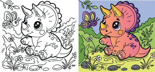 Cute baby triceratops with a butterfly in a prehistoric nature scene, shown as a colored example and black and white coloring page. Printable kids activity from a dinosaur collection. © Anna SV