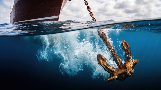 Large ship lowering iron anchor into clear sea water creating underwater air bubbles near surface.