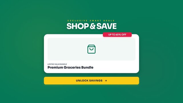 Premium groceries bundle animation, shopping icon with discounts, online shopping background, symbolizing savings.