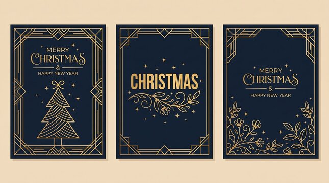 Art deco christmas cards set with elegant gold lines and festive typography on dark backgrounds