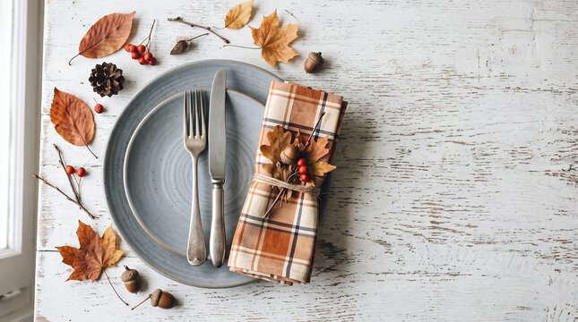 Autumnal table setting with fallen leaves acorns and a rustic plate on a white wood surface