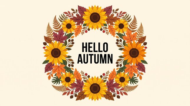 Floral wreath of sunflowers and autumn leaves with hello autumn text on a cream background