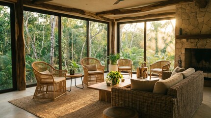 Fototapeta premium Modern tropical living room with rattan furniture and large windows overlooking lush jungle