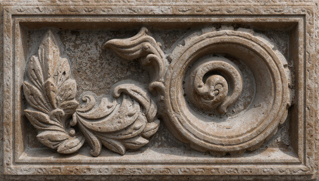 Intricate stone carving featuring scrollwork and floral relief design bas relief architecture sculpture scrollwork ornament heritage craftsmanship historic classical sculpted ornamental